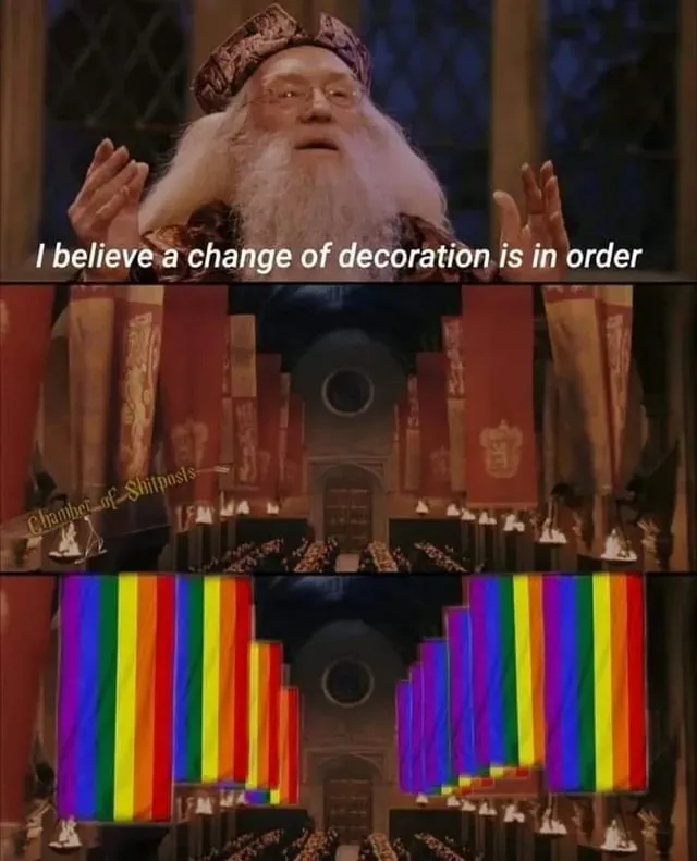 Dumbledore says "I believe a change of decoration is in order" and all the flags change to rainbow Pride flags