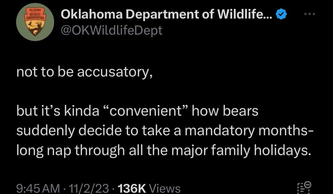 Oklahoma Department of Wildlife tweets, "not to be accusatory, but it's kinda 'convenient' how bears suddenly decide to take a mandatory months-long nap through all the major family holidays."