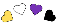 Decorative yellow, purple, white, and black hearts
