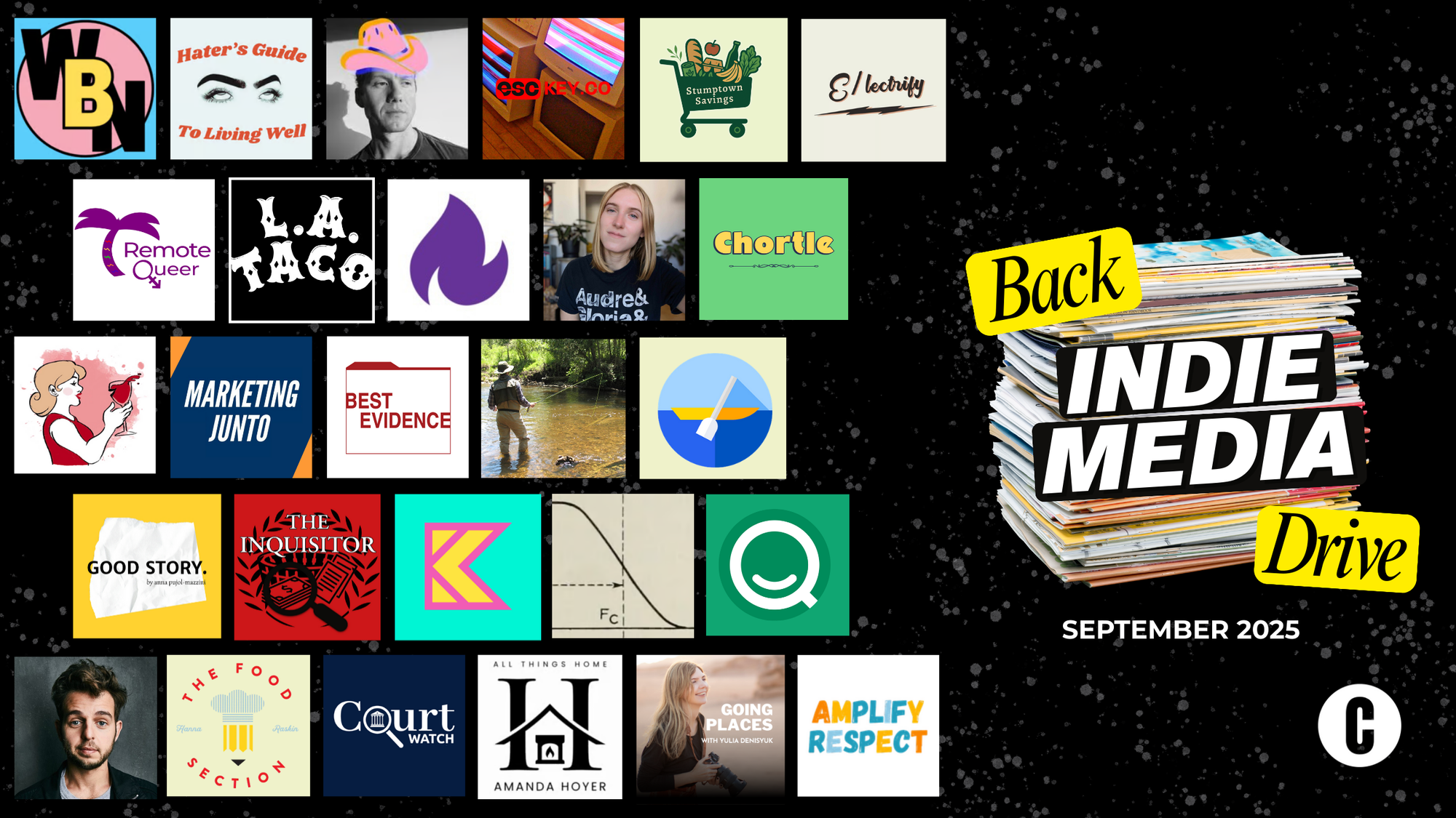 Back Indie Media Drive September 2025, with logos of over 20 indie publications