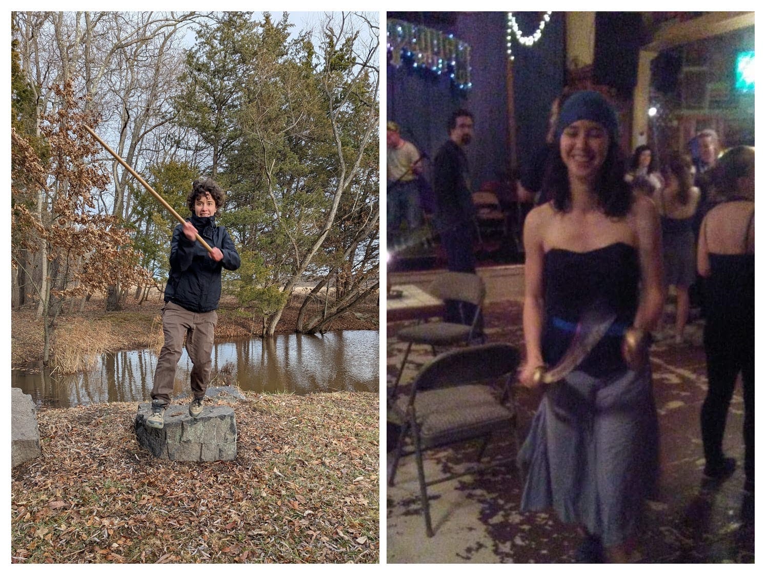Two photos of Rey, one with short hair, a fleece jacket and pants, swinging a wooden sword, the other wearing a strapless top and skirt, holding two fake pirate swords and laughing