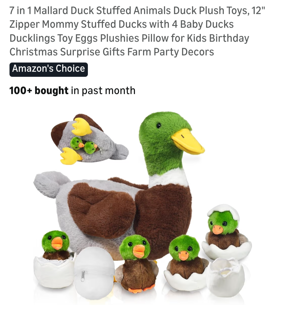 Screenshot from Amazon showing a plush adult male duck with four baby ducks in adult male colors