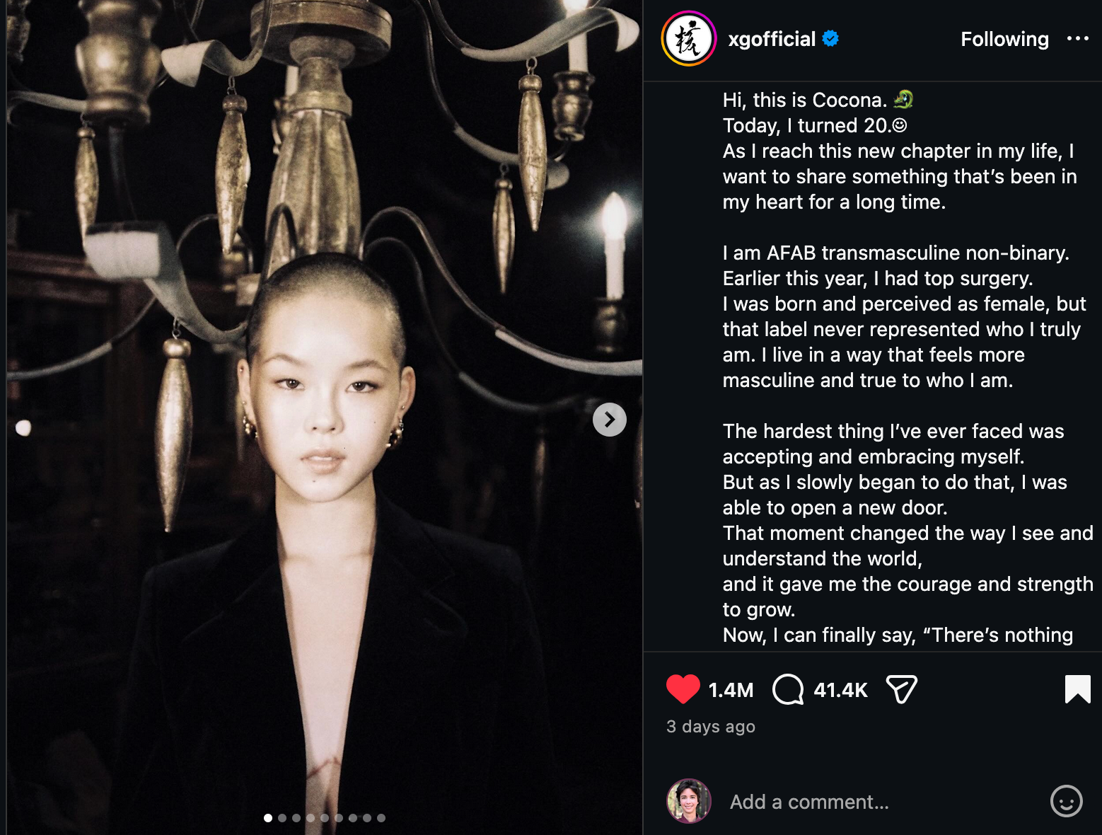 Hi, this is Cocona. 🐉 Today, I turned 20.☺︎ As I reach this new chapter in my life, I want to share something that’s been in my heart for a long time. I am AFAB transmasculine non-binary. Earlier this year, I had top surgery. I was born and perceived as female, but that label never represented who I truly am. I live in a way that feels more masculine and true to who I am. The hardest thing I’ve ever faced was accepting and embracing myself. But as I slowly began to do that, I was able to open a new door. That moment changed the way I see and understand the world, and it gave me the courage and strength to grow. Now, I can finally say, “There’s nothing wrong with who I am inside.”