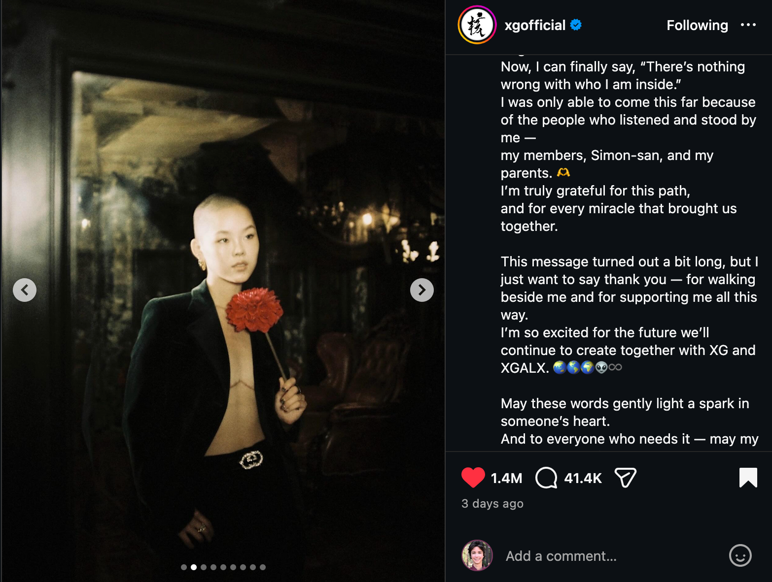 I was only able to come this far because of the people who listened and stood by me — my members, Simon-san, and my parents. 🫶 I’m truly grateful for this path, and for every miracle that brought us together. This message turned out a bit long, but I just want to say thank you — for walking beside me and for supporting me all this way. I’m so excited for the future we’ll continue to create together with XG and XGALX. 🌏🌎🌍👽♾️ May these words gently light a spark in someone’s heart. And to everyone who needs it — may my love reach all of them. With love, always. 🤍 PHOTO BY JURIN MAKEUP BY CHISA