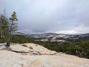 A granite dome in Tuolumne Meadows with trees and mountains in the background and a cloudy sky